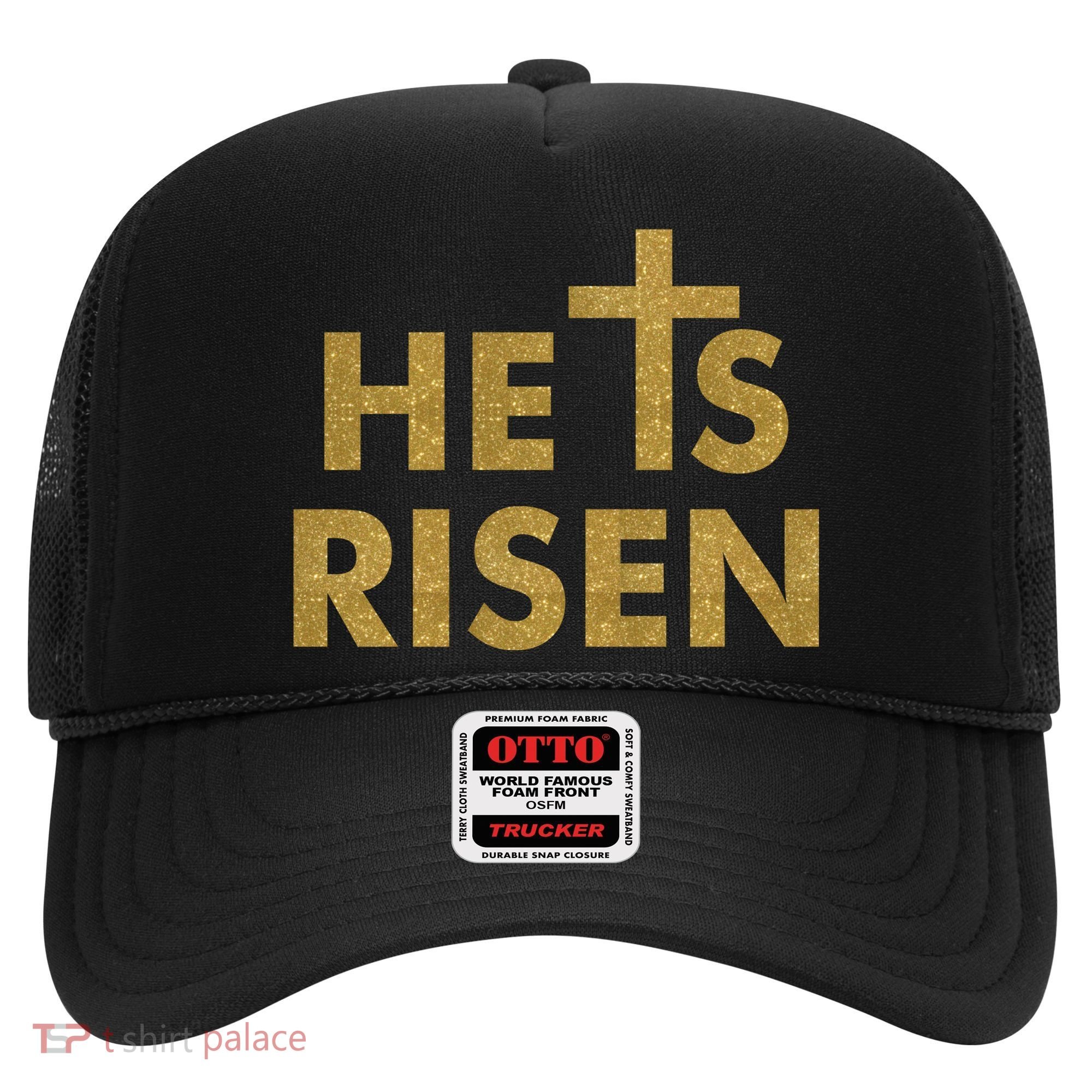 He Is Risen Jesus Savior Easter Gold Glitter Print Hat