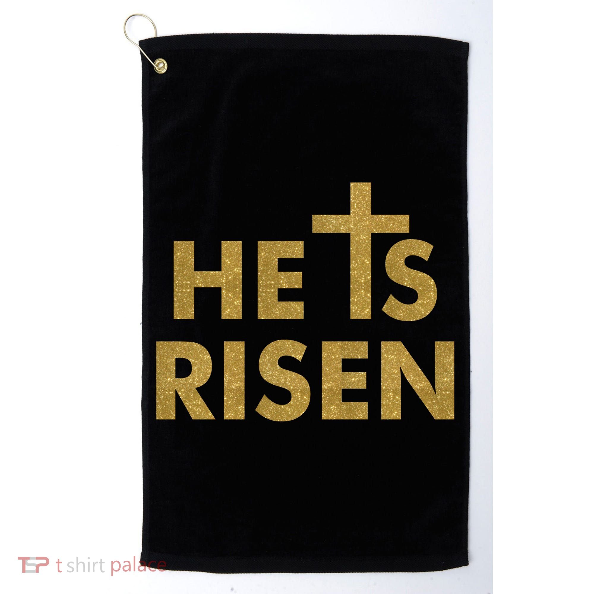 He Is Risen Jesus Savior Easter Gold Glitter Print Golf Towel