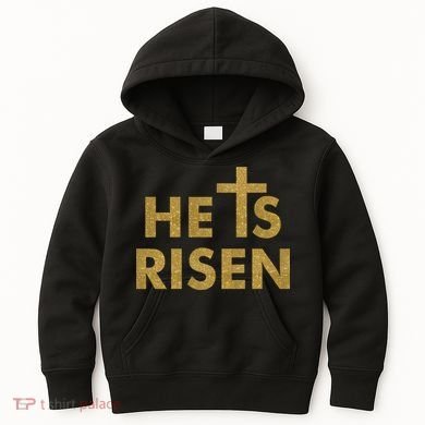 He Is Risen Jesus Savior Easter Gold Glitter Print Kids Hoodie