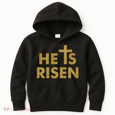 He Is Risen Jesus Savior Easter Gold Glitter Print Kids Hoodie