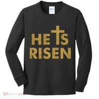 He Is Risen Jesus Savior Easter Gold Glitter Print Kids Long Sleeve Shirt thumb 0