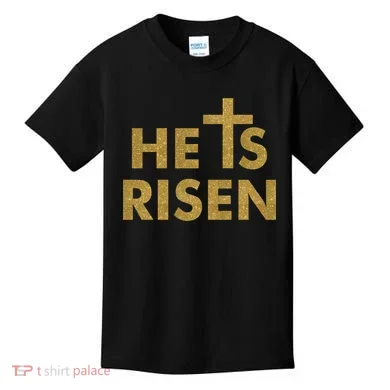 He Is Risen Jesus Savior Easter Gold Glitter Print Kids T-Shirt