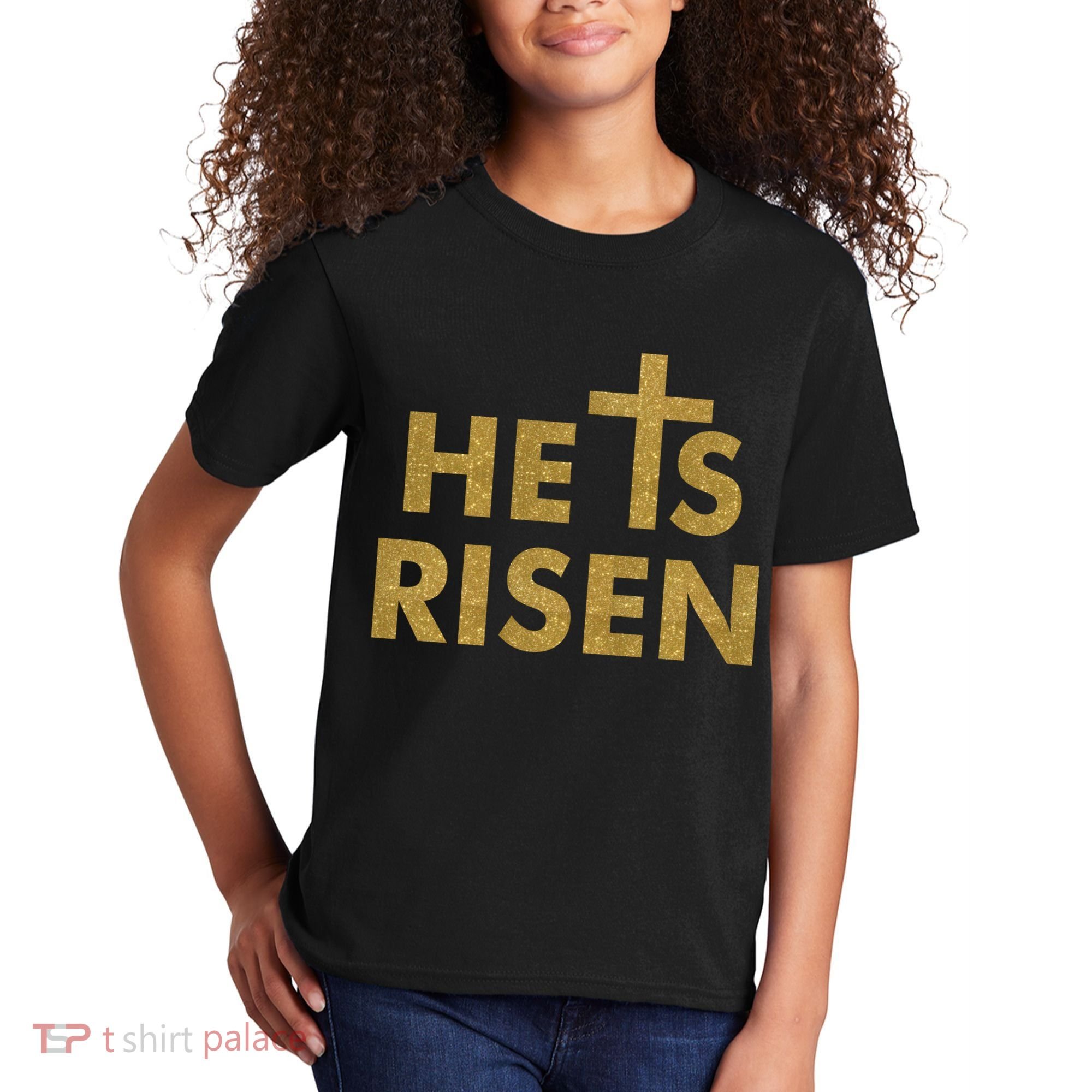 He Is Risen Jesus Savior Easter Gold Glitter Print Kids T-Shirt