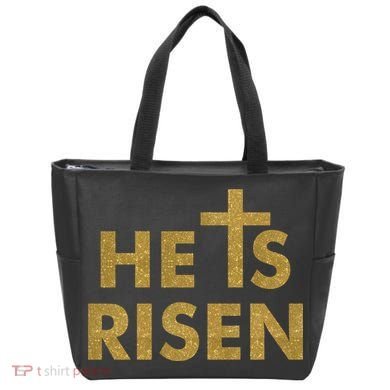 He Is Risen Jesus Savior Easter Gold Glitter Print Tote Bag