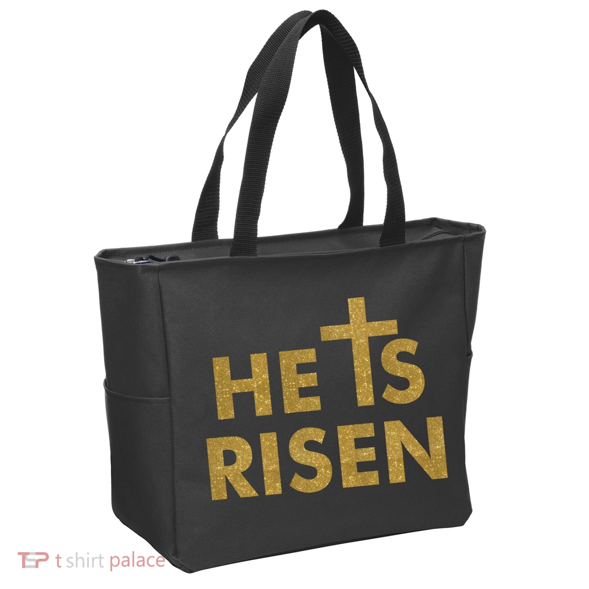 He Is Risen Jesus Savior Easter Gold Glitter Print Tote Bag