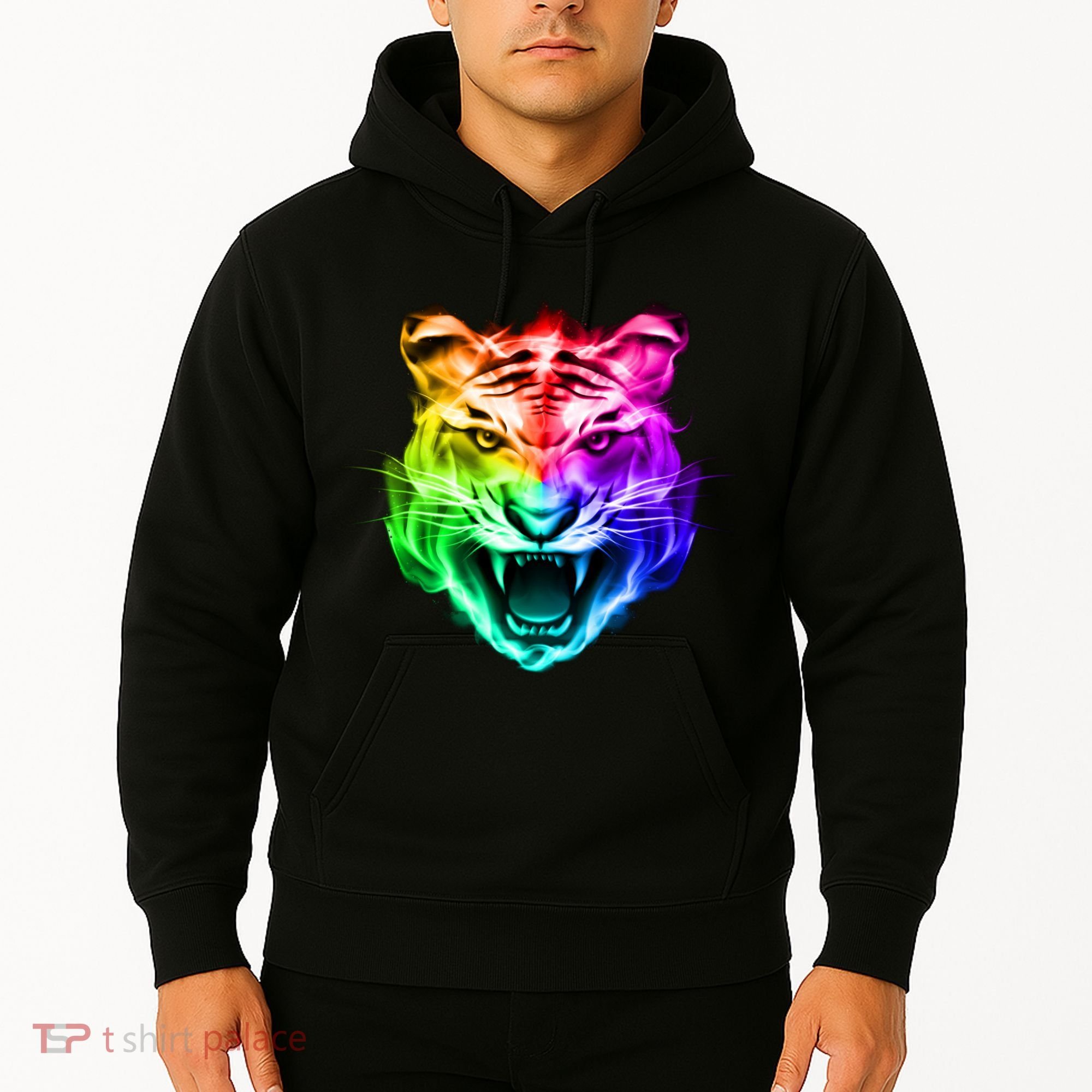 Head of Tiger Blazing in Spectrum Fire Hoodie