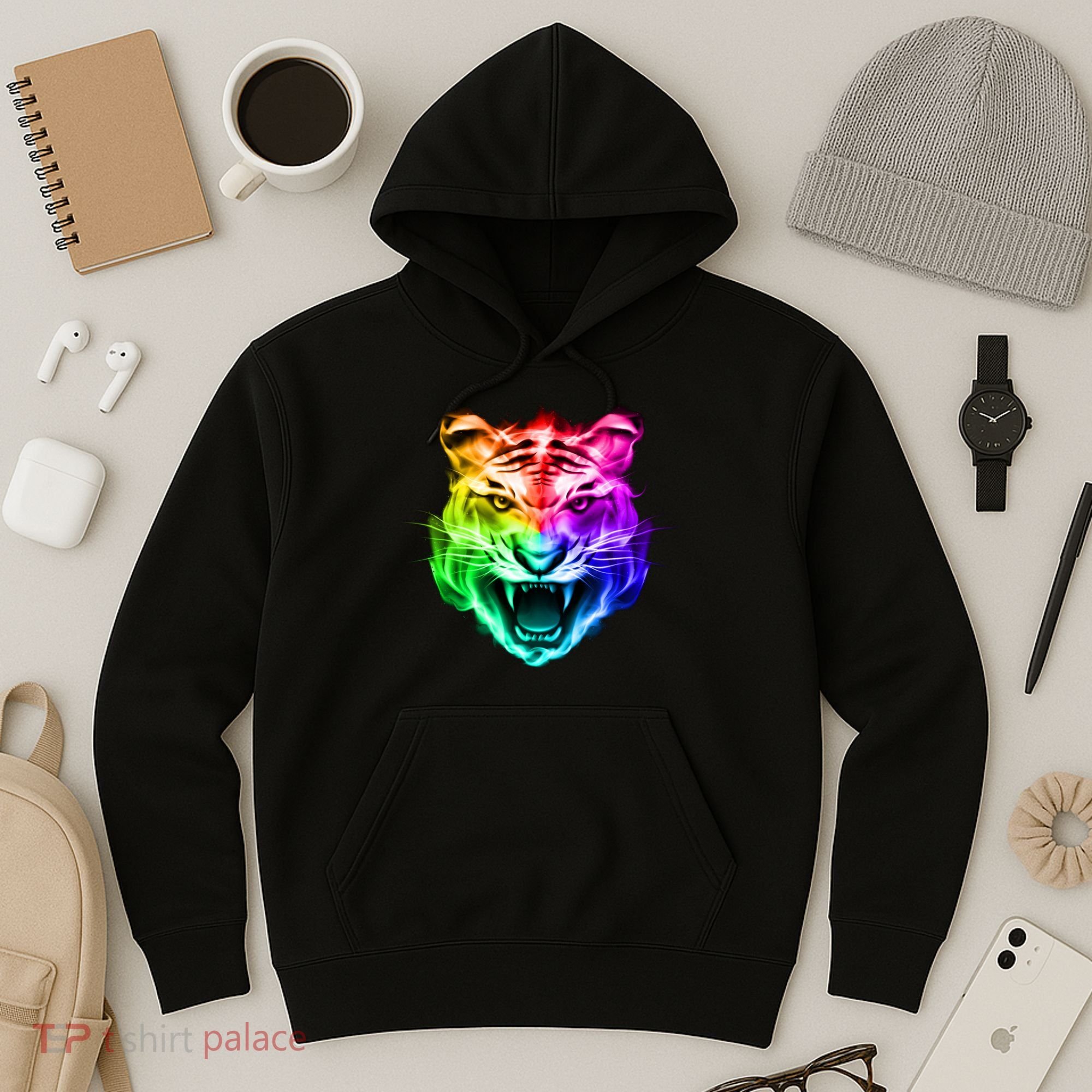 Head of Tiger Blazing in Spectrum Fire Hoodie