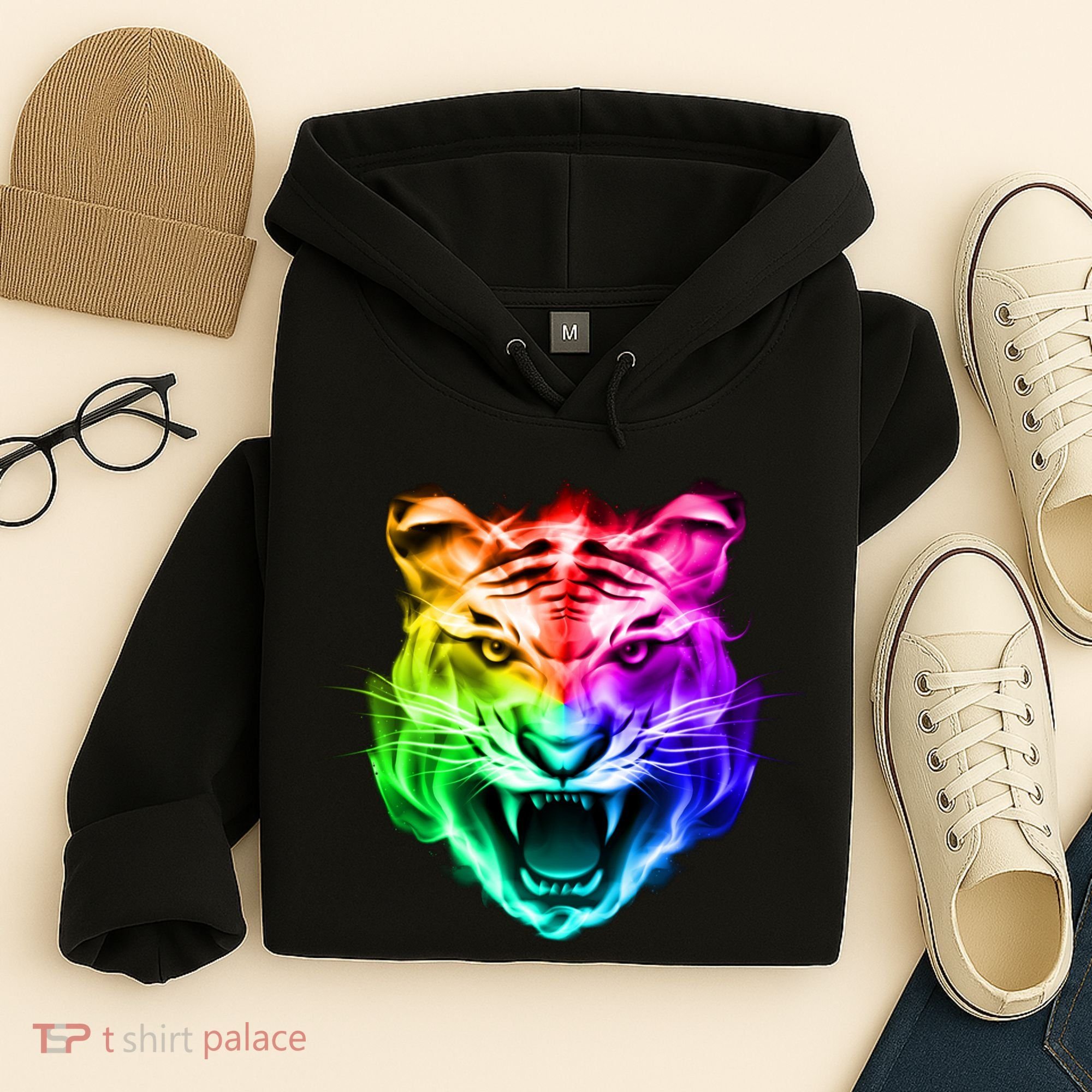Head of Tiger Blazing in Spectrum Fire Hoodie