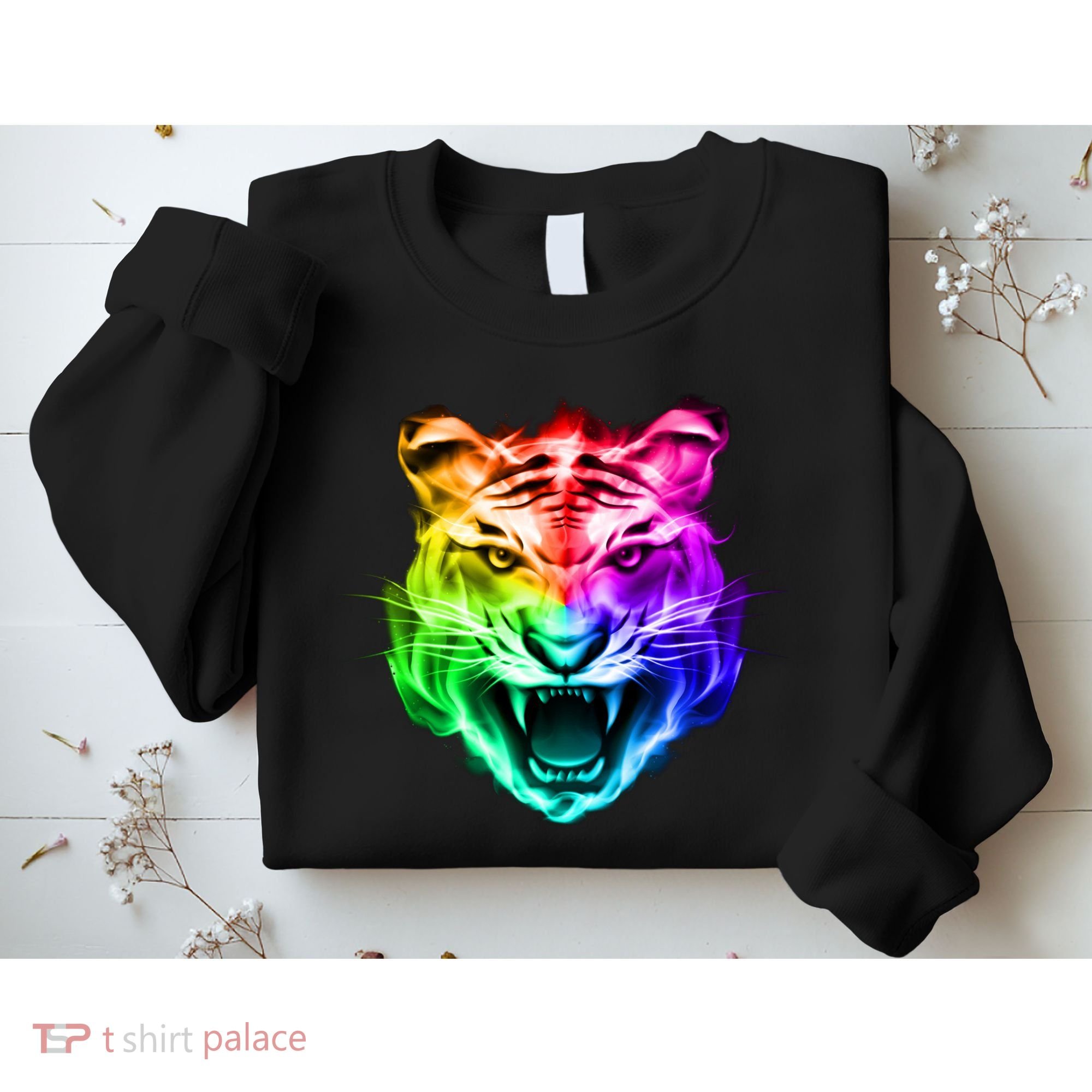 Head of Tiger Blazing in Spectrum Fire Sweatshirt