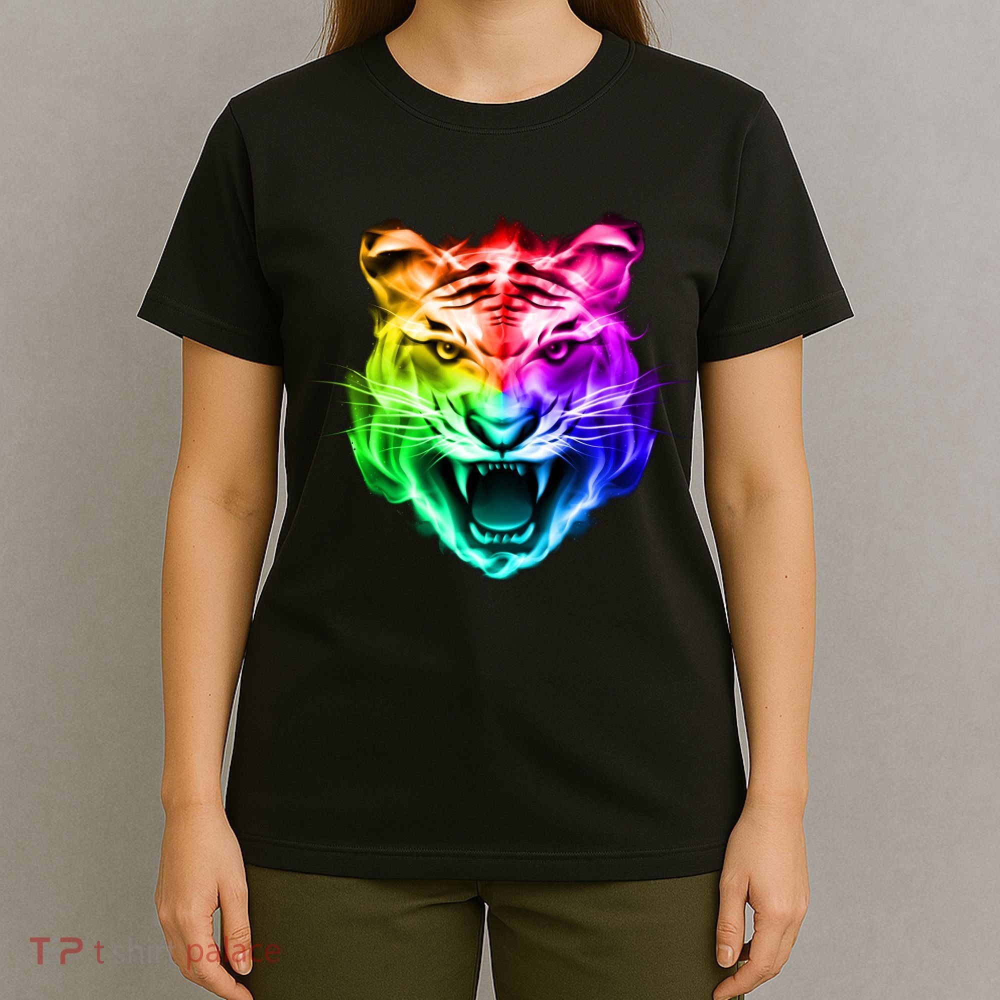 Head of Tiger Blazing in Spectrum Fire T-Shirt