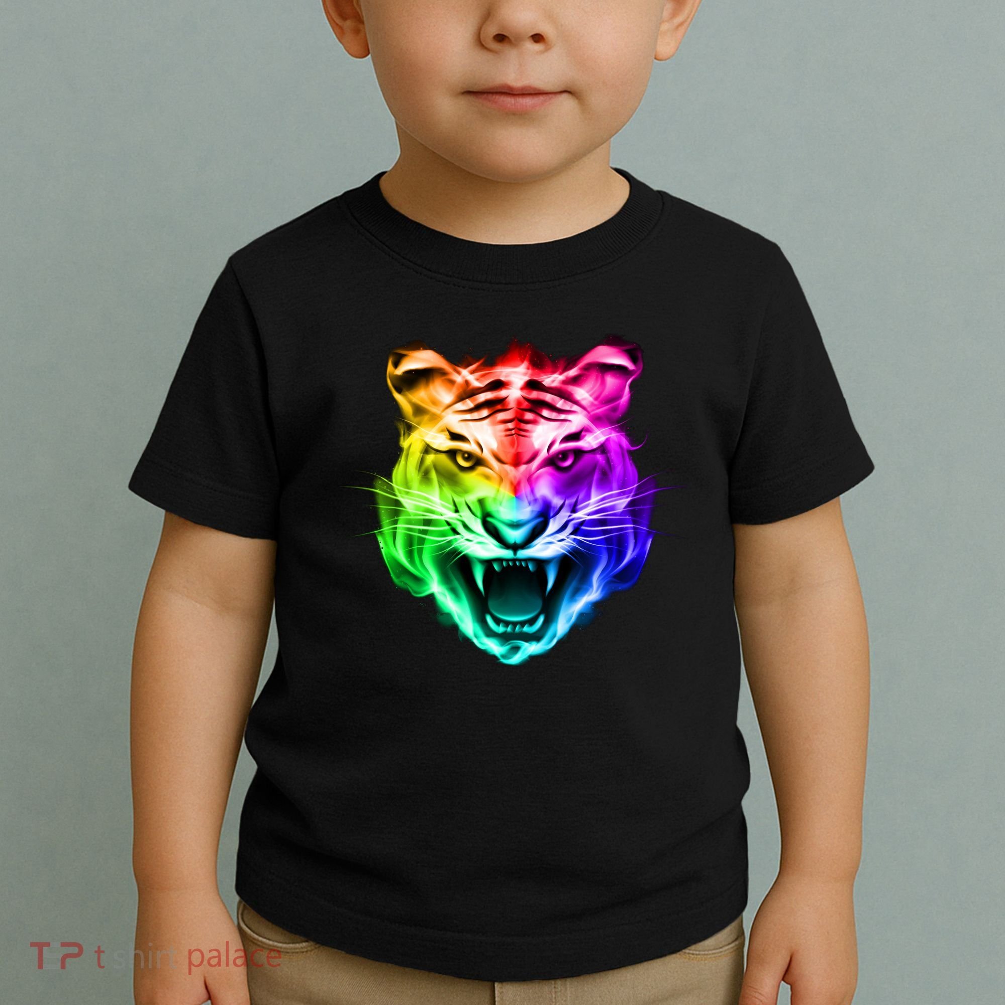 Head of Tiger Blazing in Spectrum Fire Toddler T-Shirt