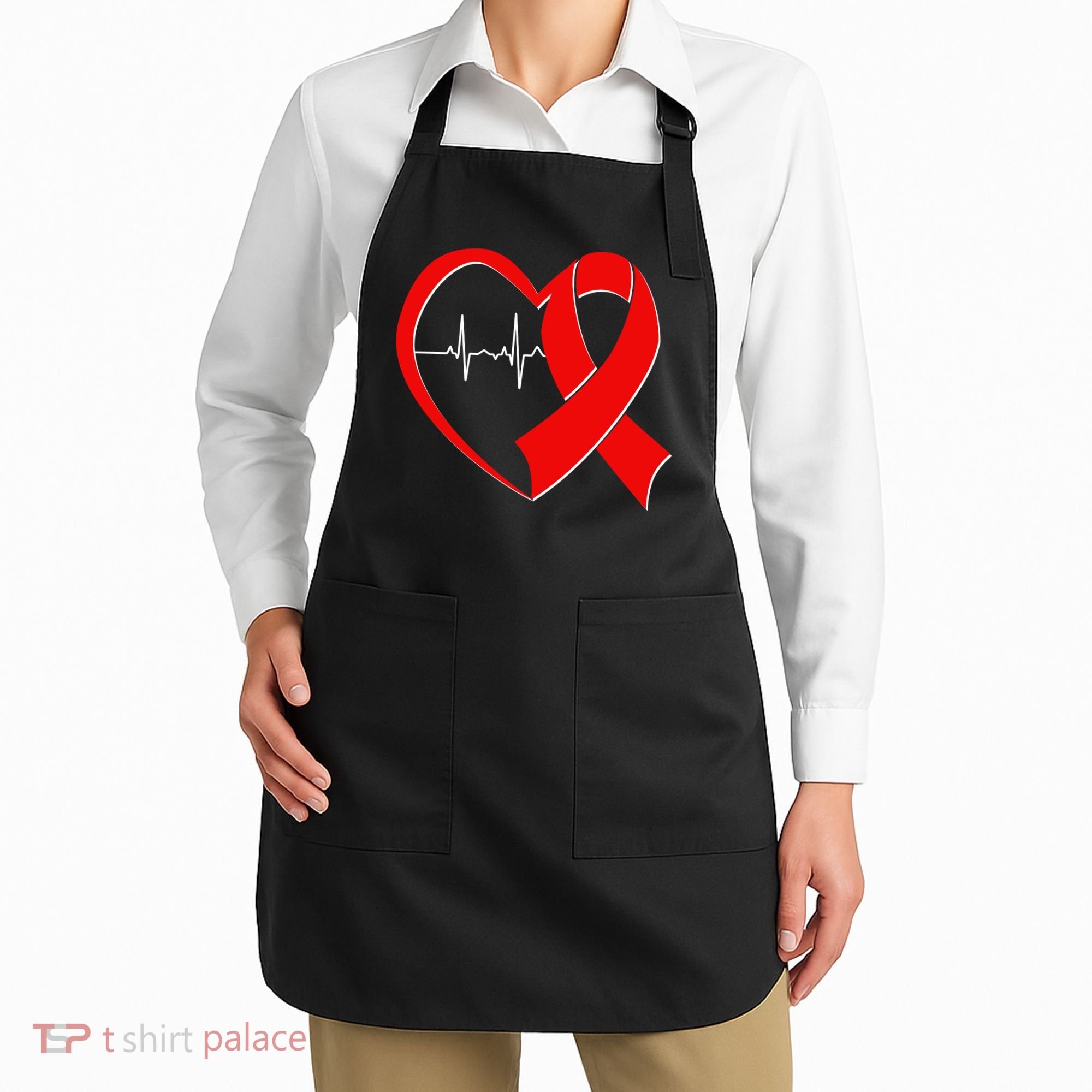 Heart Disease Health Awareness Heartbeat Red Ribbon Apron