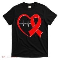 Heart Disease Health Awareness Heartbeat Red Ribbon T-Shirt thumb 0