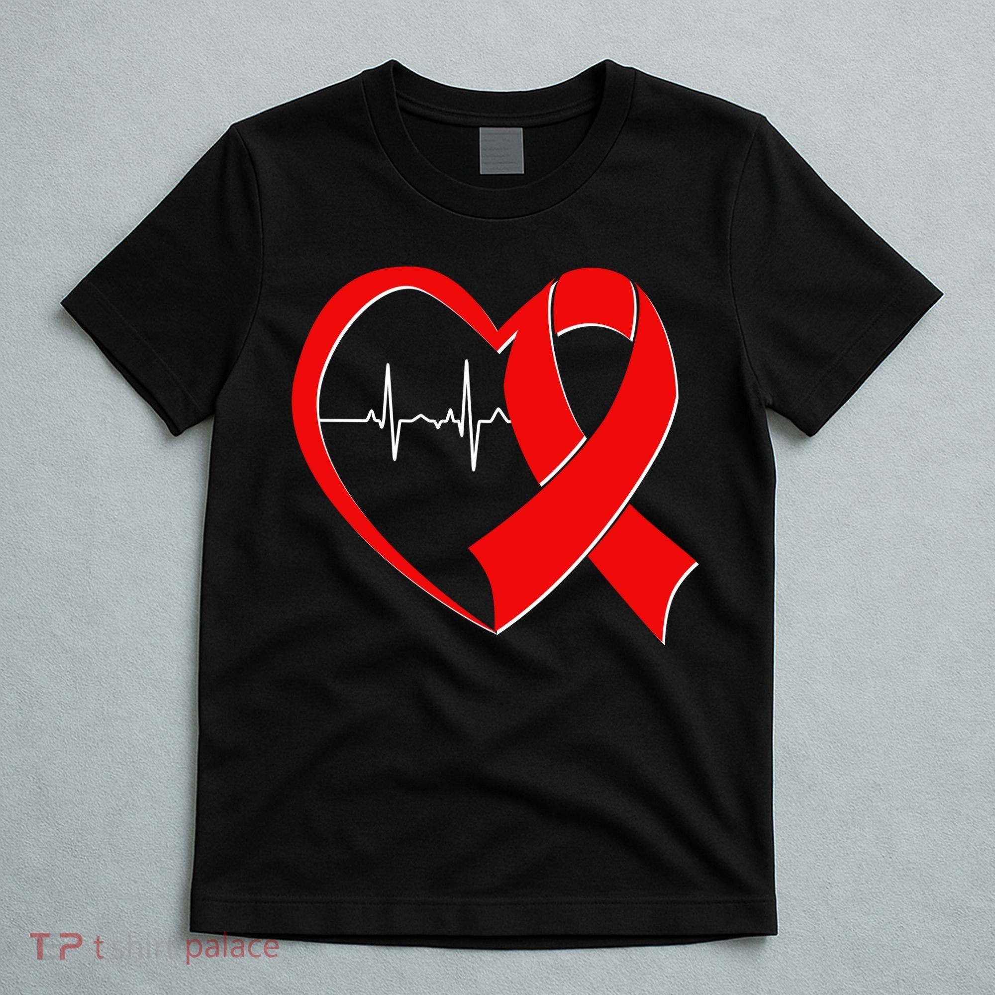Heart Disease Health Awareness Heartbeat Red Ribbon T-Shirt