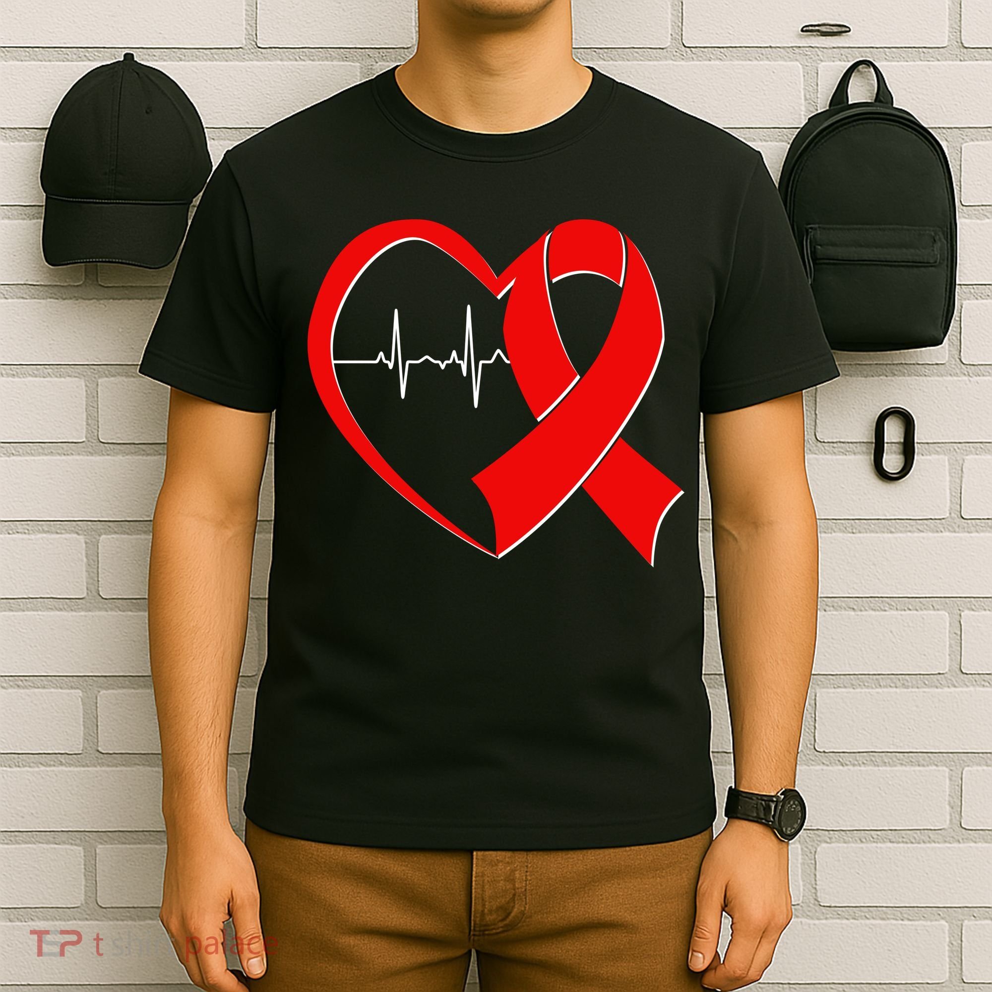 Heart Disease Health Awareness Heartbeat Red Ribbon T-Shirt