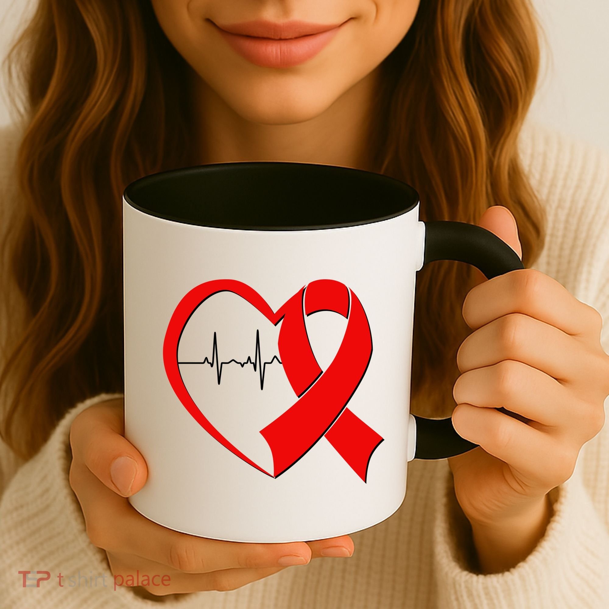 Heart Disease Health Awareness Heartbeat Red Ribbon Coffee Mug