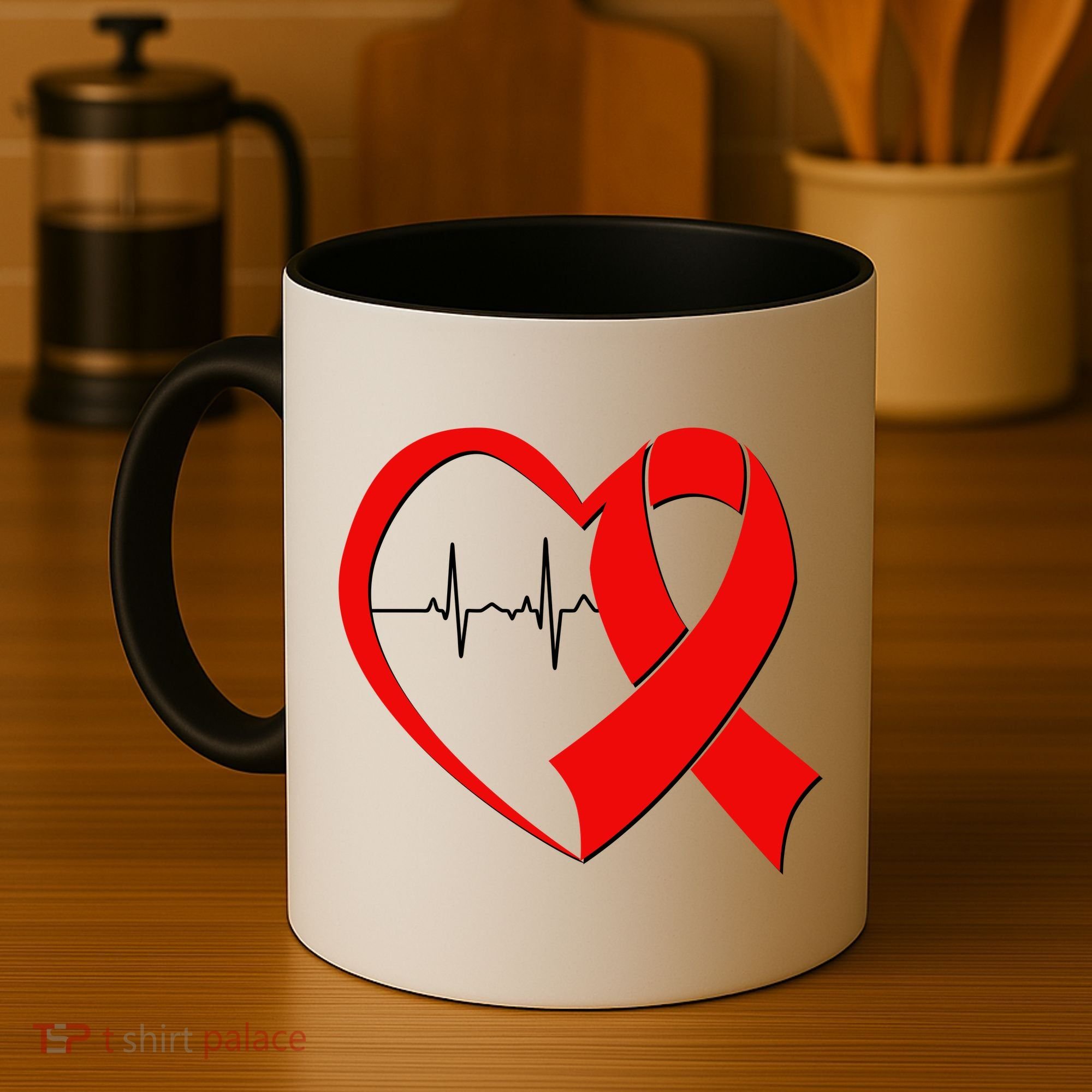 Heart Disease Health Awareness Heartbeat Red Ribbon Coffee Mug