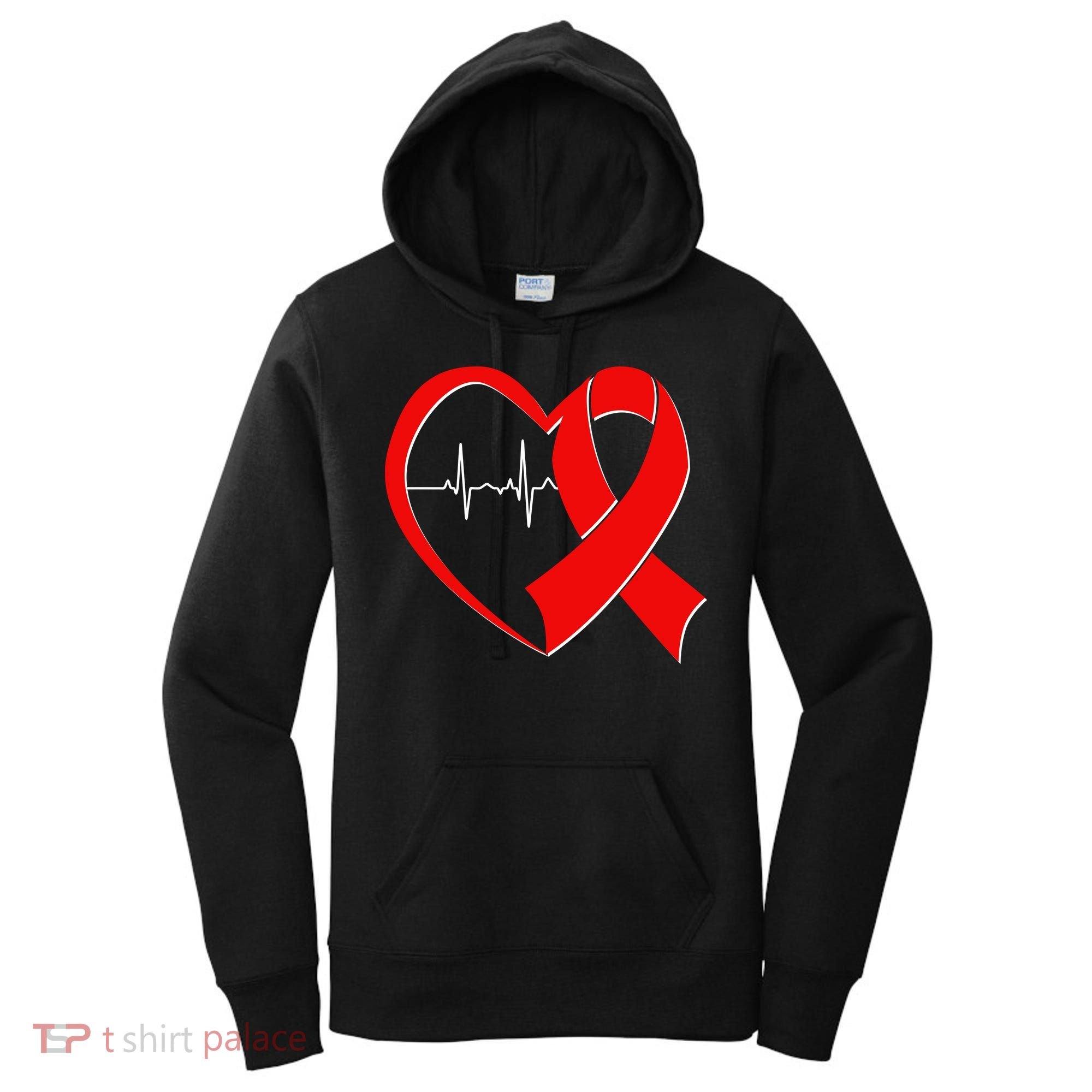 Heart Disease Health Awareness Heartbeat Red Ribbon Women's Hoodie