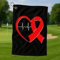 Heart Disease Health Awareness Heartbeat Red Ribbon Golf Towel thumb 1