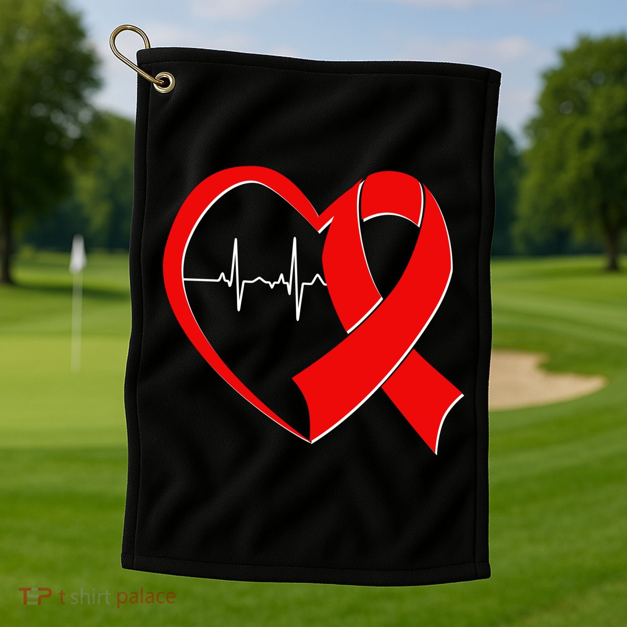 Heart Disease Health Awareness Heartbeat Red Ribbon Golf Towel