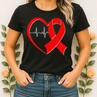 Heart Disease Health Awareness Heartbeat Red Ribbon Women's T-Shirt thumb 2