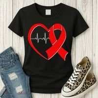 Heart Disease Health Awareness Heartbeat Red Ribbon Women's T-Shirt thumb 3