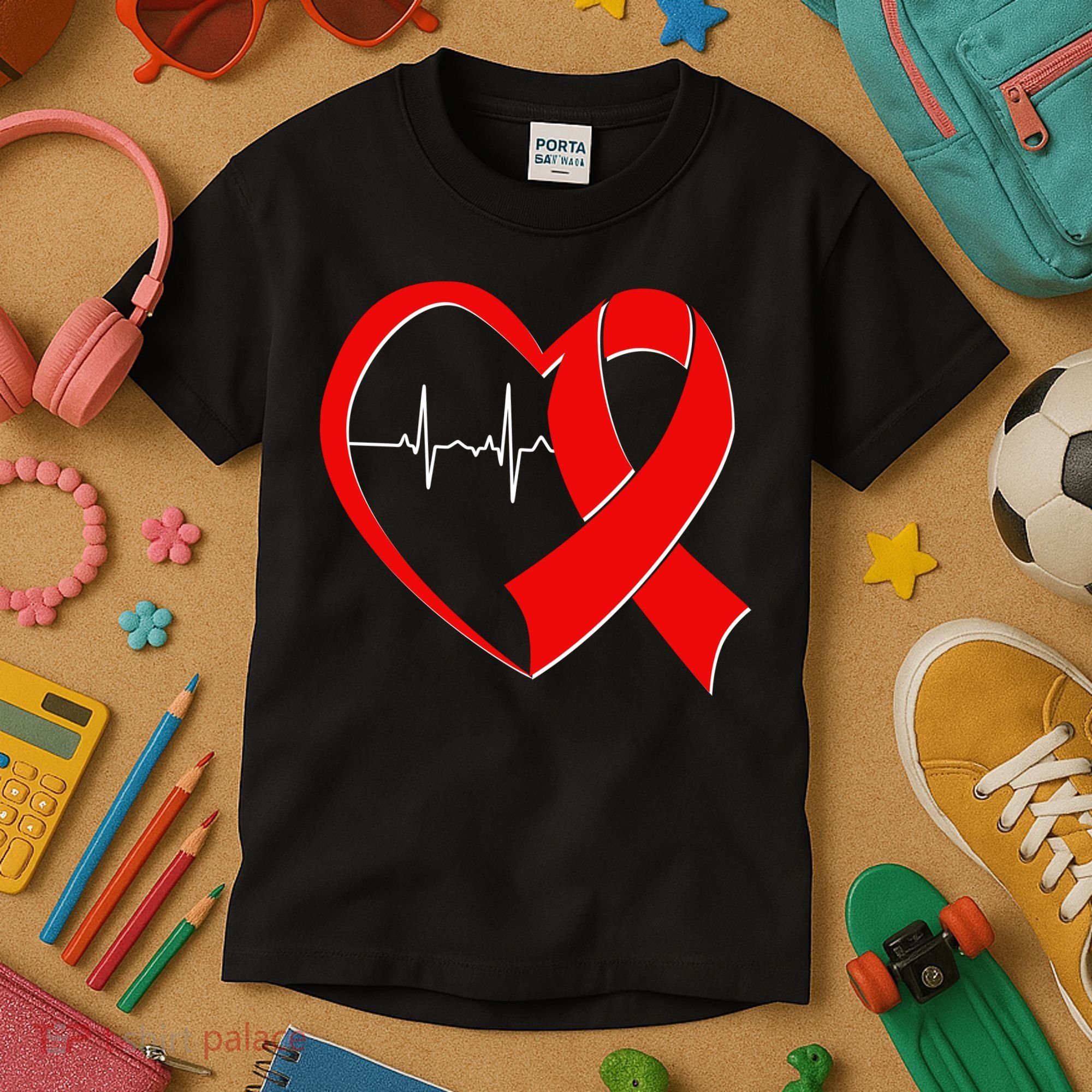 Heart Disease Health Awareness Heartbeat Red Ribbon Kids T-Shirt