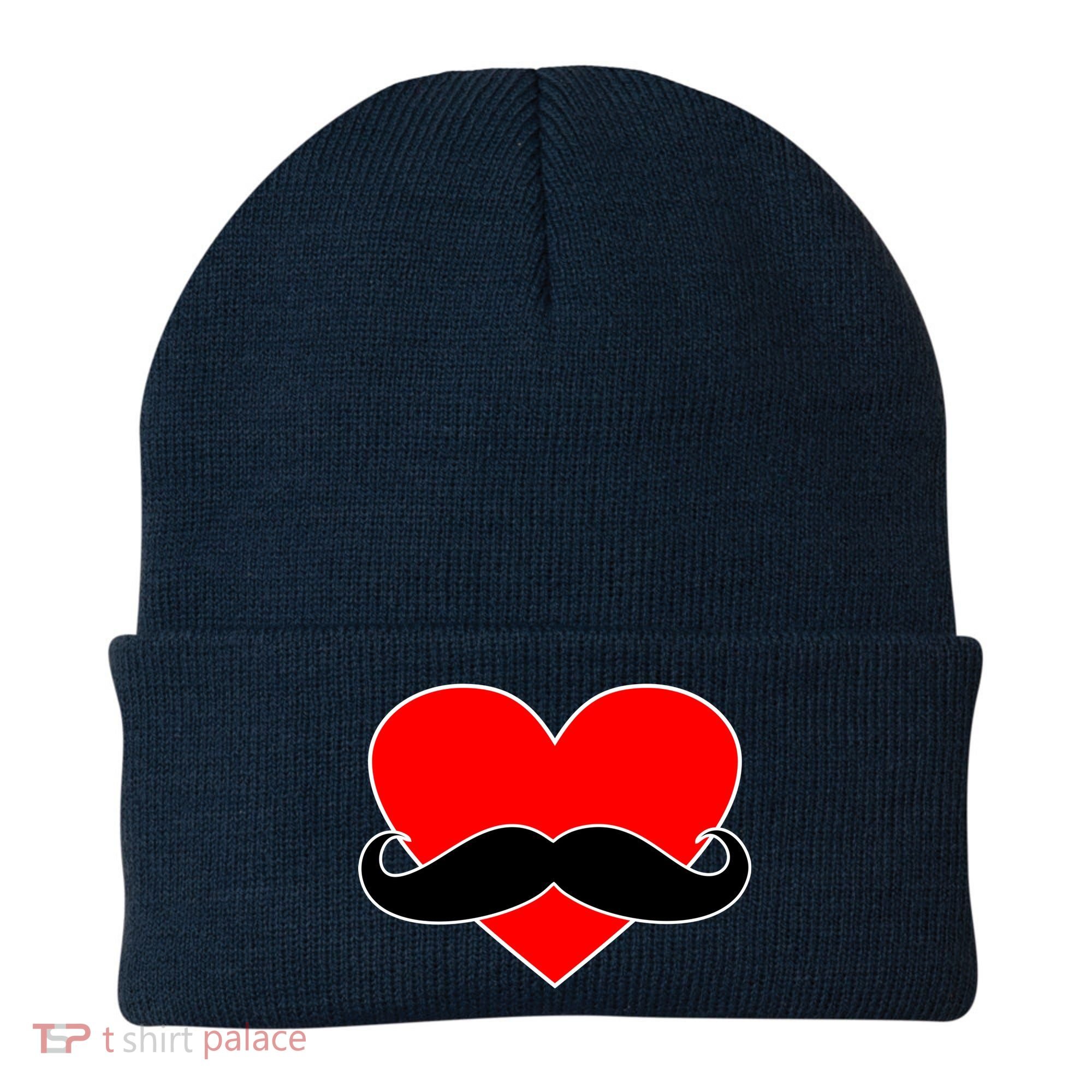 Heart Mustache Funny Valentine's Day Logo Beanie