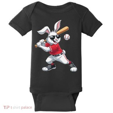 Happy Easter Bunny Playing Baseball Easter Sport Gift Baby Bodysuit