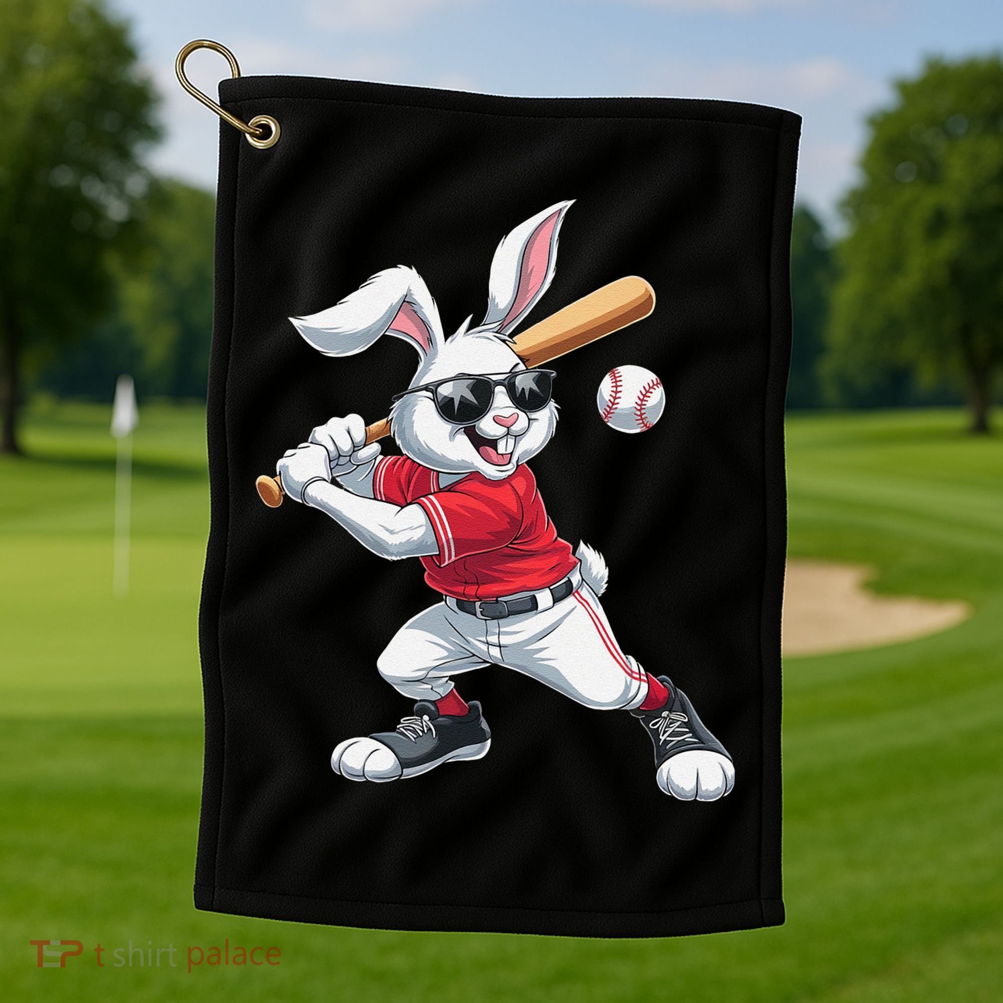 Happy Easter Bunny Playing Baseball Easter Sport Gift Golf Towel