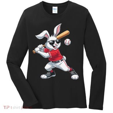 Happy Easter Bunny Playing Baseball Easter Sport Gift Women's Long Sleeve Shirt