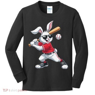 Happy Easter Bunny Playing Baseball Easter Sport Gift Kids Long Sleeve Shirt