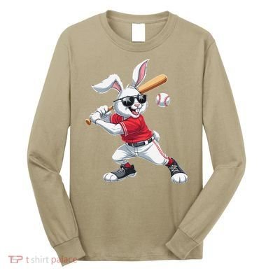 Happy Easter Bunny Playing Baseball Easter Sport Gift Long Sleeve Shirt