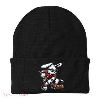 Happy Easter Bunny Playing Hockey Easter Sport Beanie