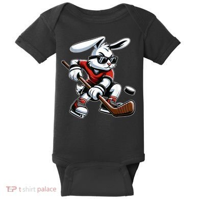 Happy Easter Bunny Playing Hockey Easter Sport Baby Bodysuit