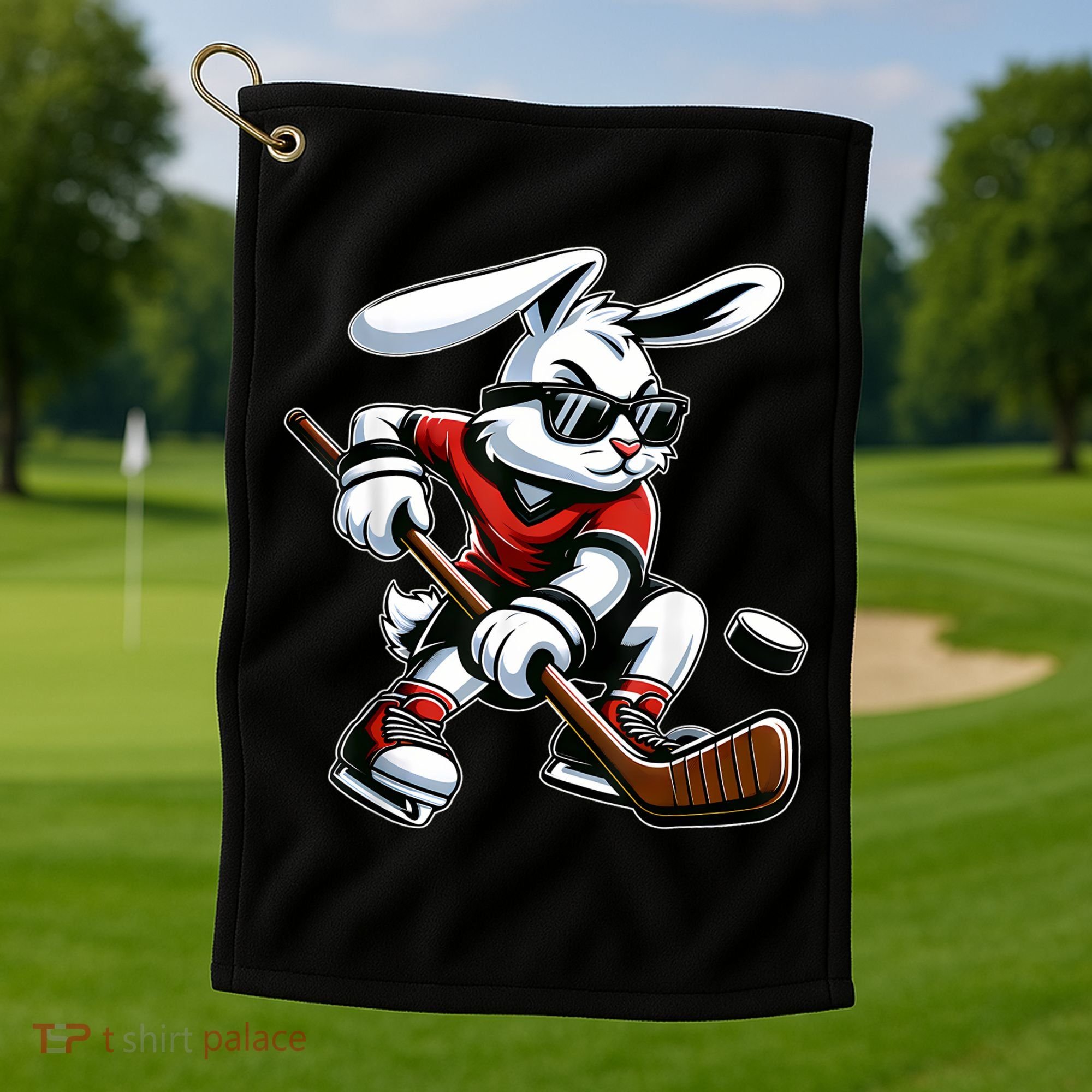 Happy Easter Bunny Playing Hockey Easter Sport Golf Towel