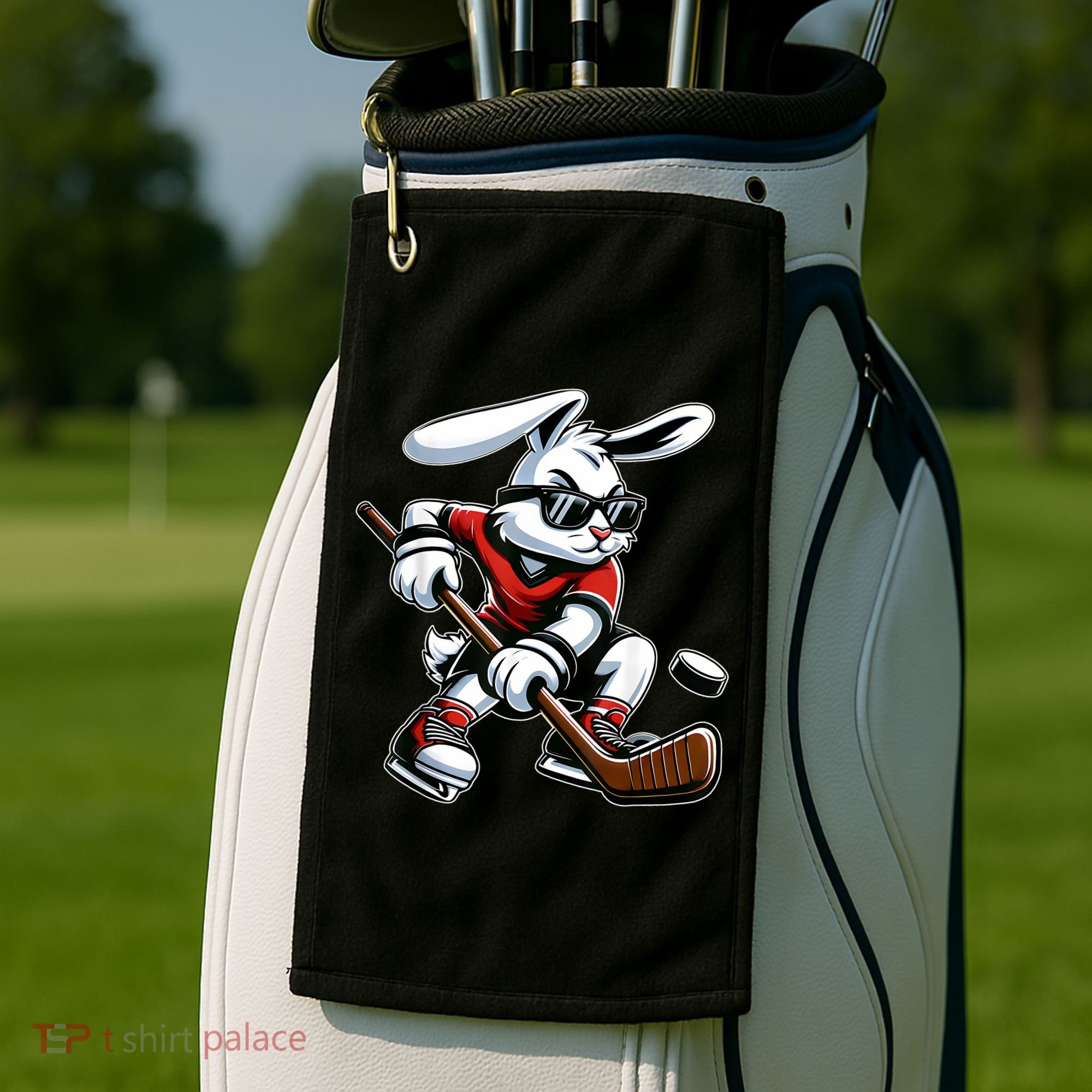 Happy Easter Bunny Playing Hockey Easter Sport Golf Towel