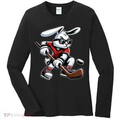 Happy Easter Bunny Playing Hockey Easter Sport Women's Long Sleeve Shirt
