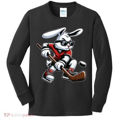 Happy Easter Bunny Playing Hockey Easter Sport Kids Long Sleeve Shirt