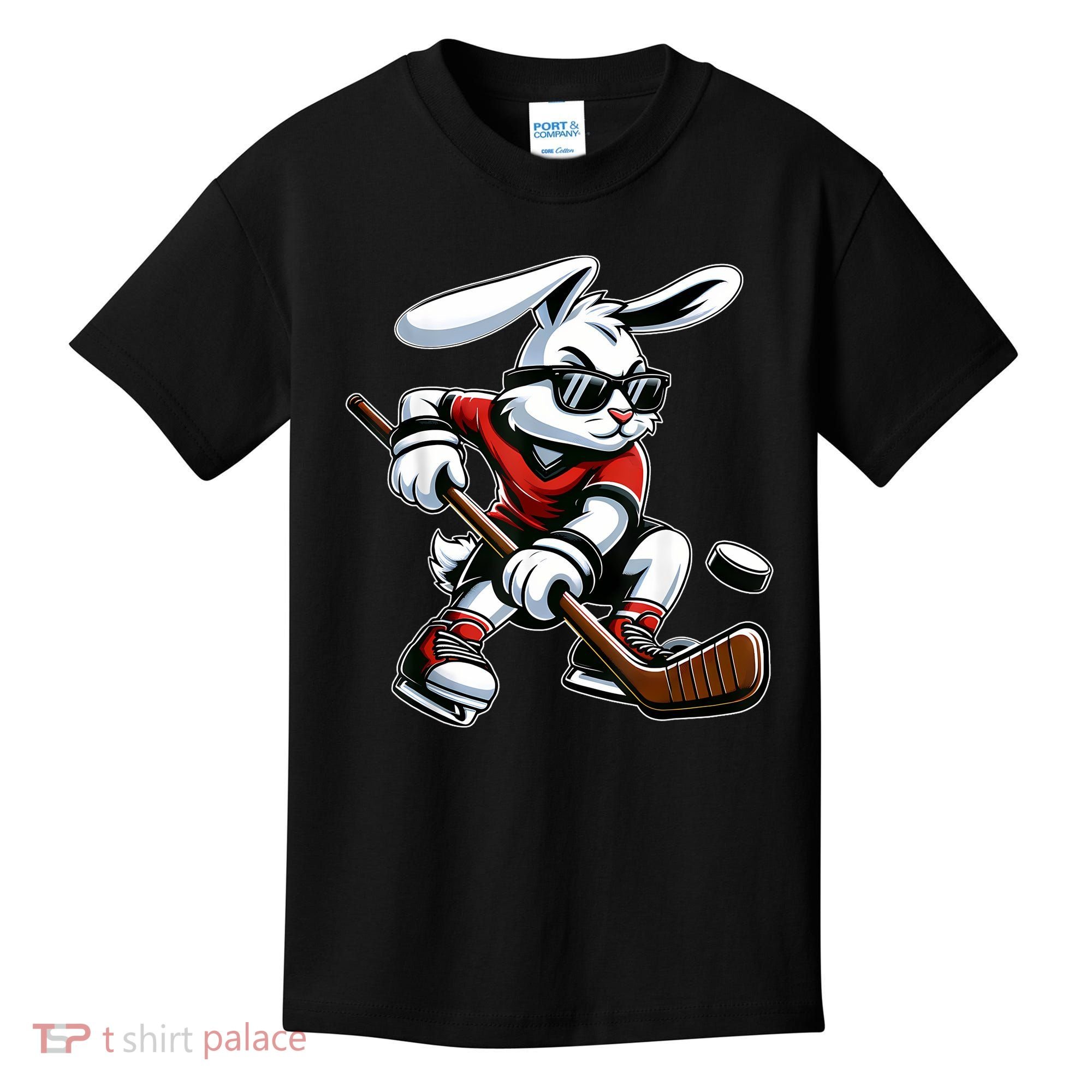 Happy Easter Bunny Playing Hockey Easter Sport Kids T-Shirt