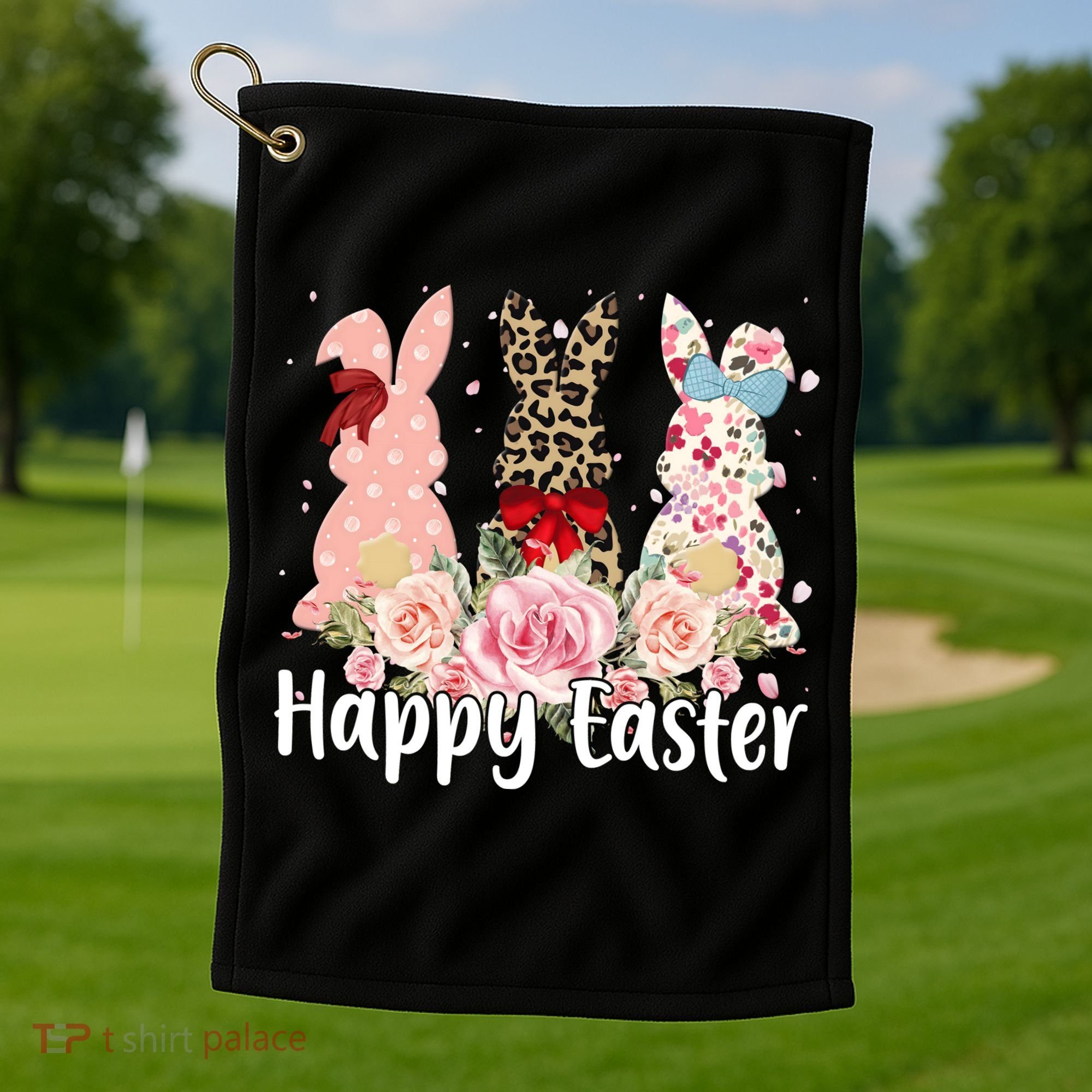 Happy Easter Cute Floral Bunnies Golf Towel