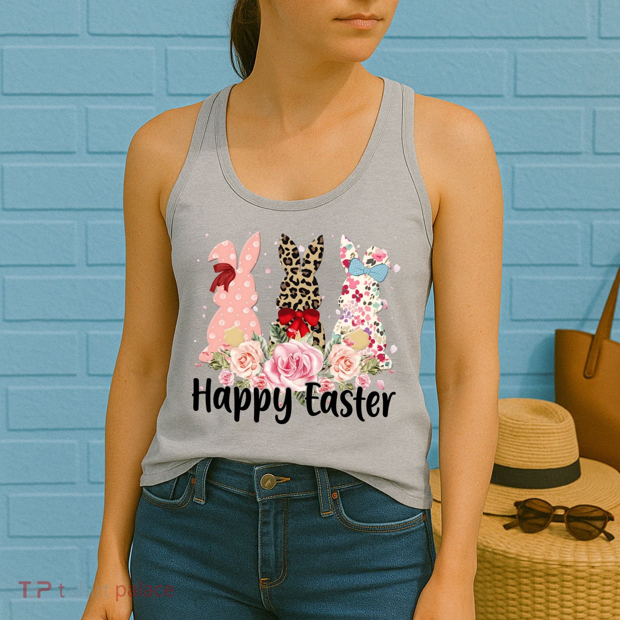 Happy Easter Cute Floral Bunnies Women's Tank Top