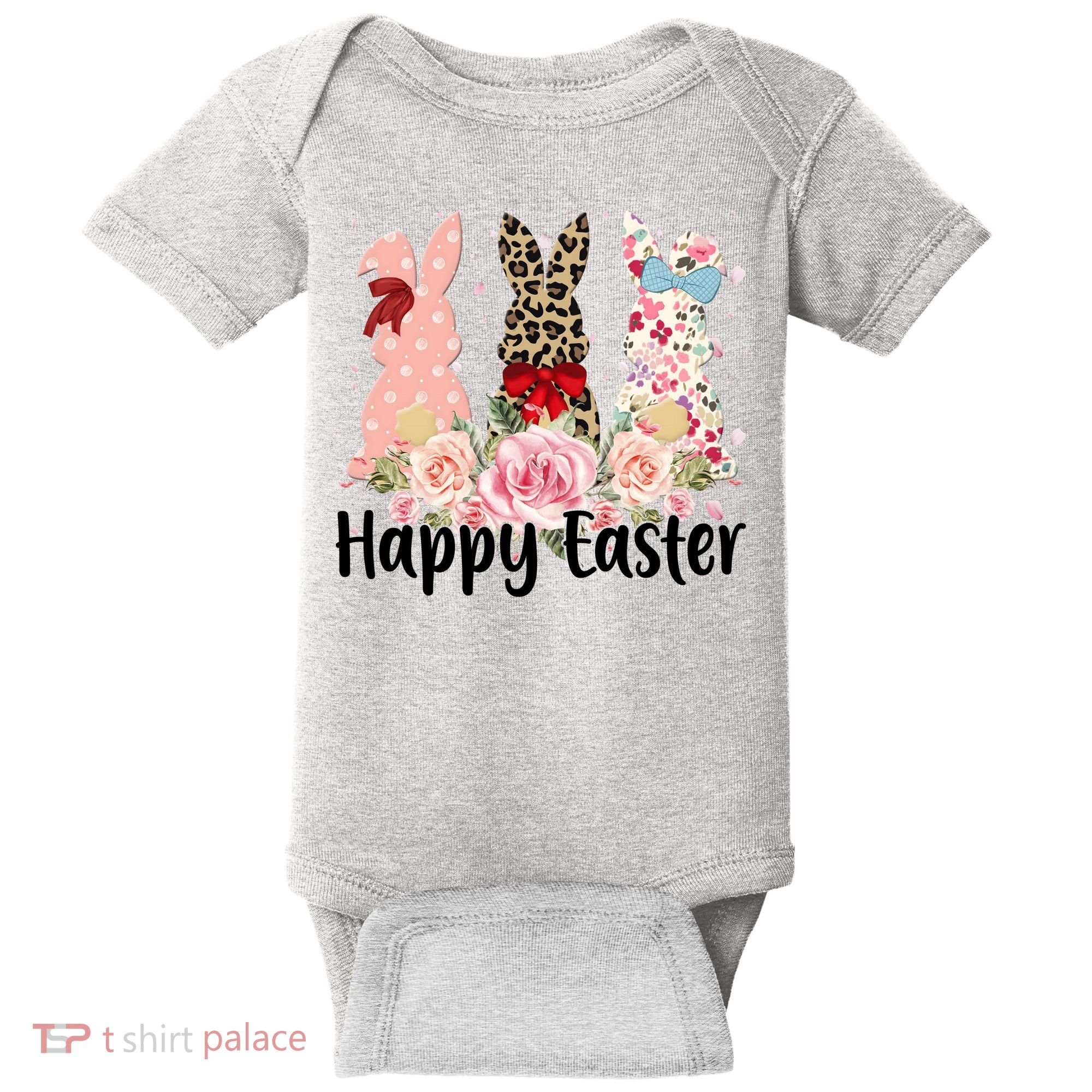 Happy Easter Cute Floral Bunnies Baby Bodysuit