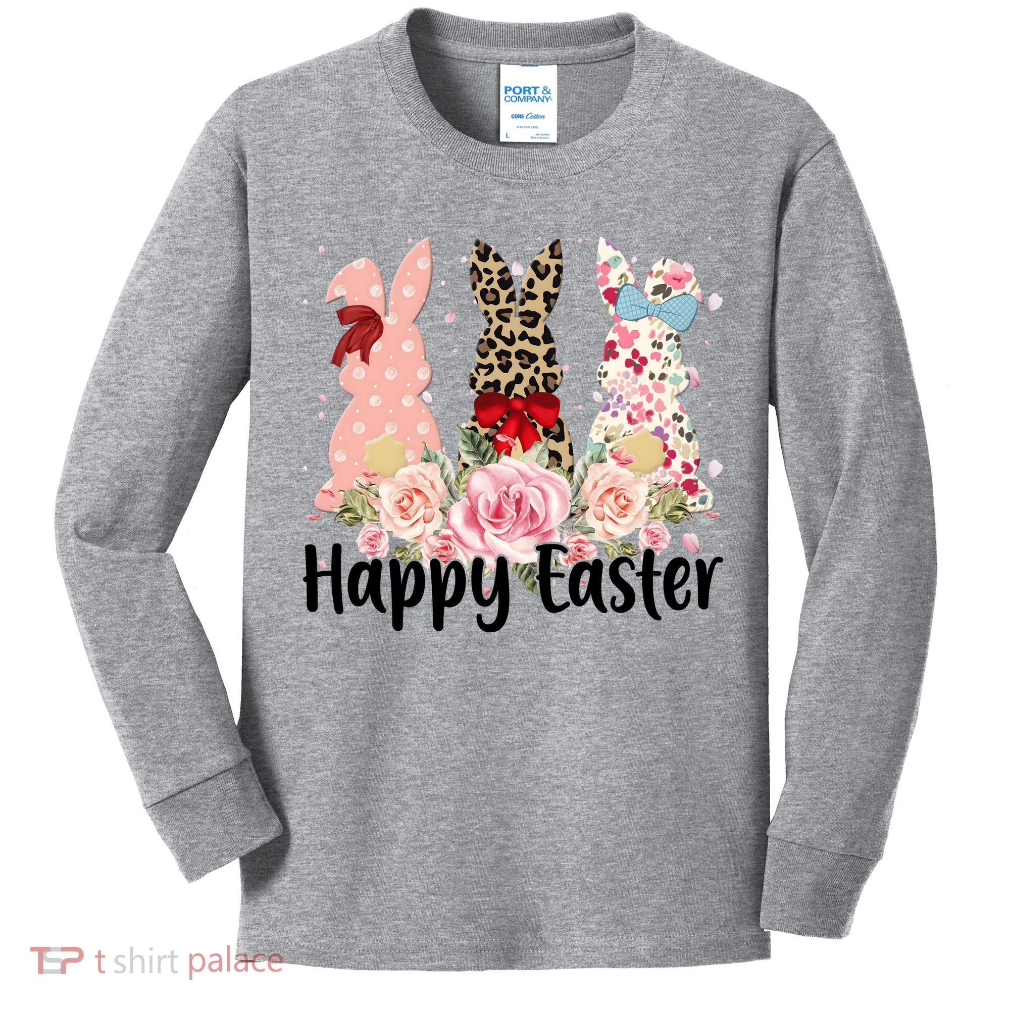 Happy Easter Cute Floral Bunnies Kids Long Sleeve Shirt