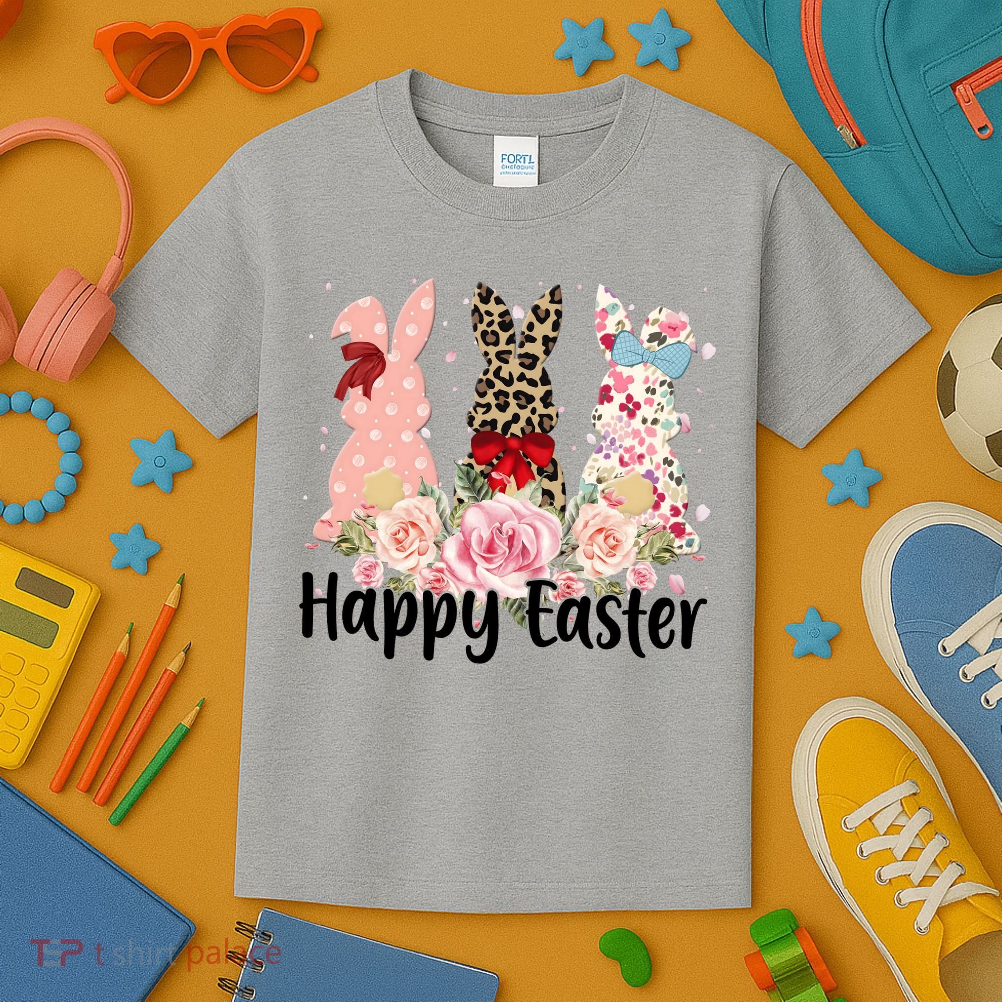 Happy Easter Cute Floral Bunnies Kids T-Shirt