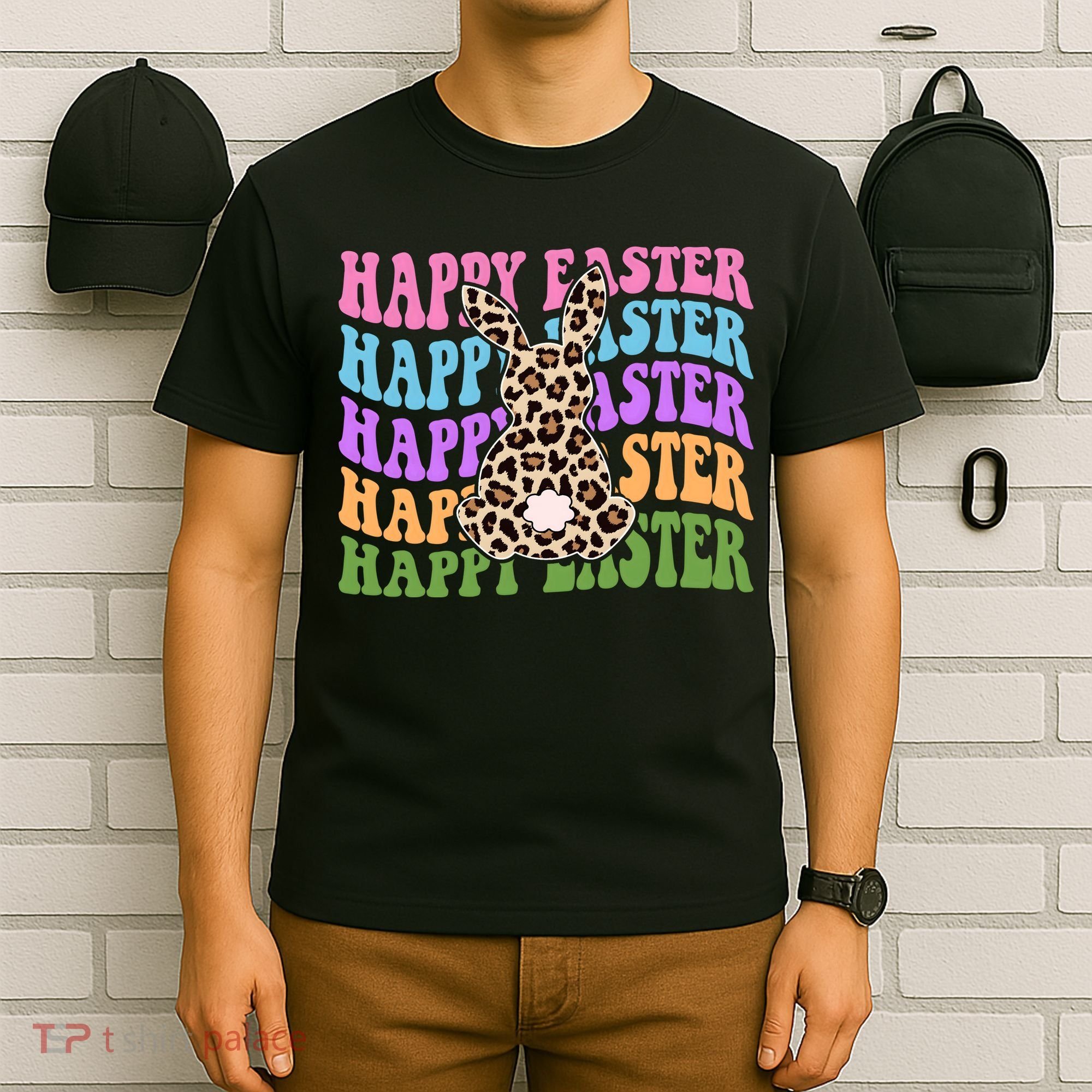 Happy Easter Cheetah Bunny Colorful Retro T-Shirt