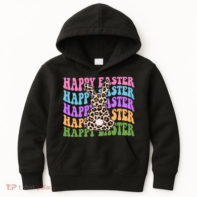 Happy Easter Cheetah Bunny Colorful Retro Kids Hoodie