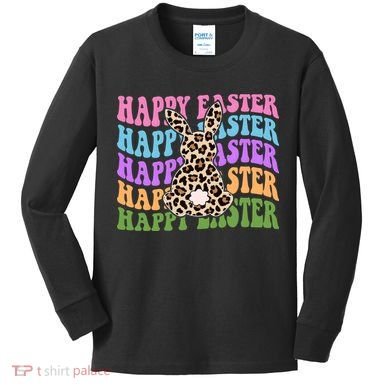 Happy Easter Cheetah Bunny Colorful Retro Kids Long Sleeve Shirt