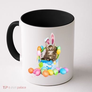 Happy Easter Cute Bunny Cat Eggs Basket Maine Coon Kitten Coffee Mug