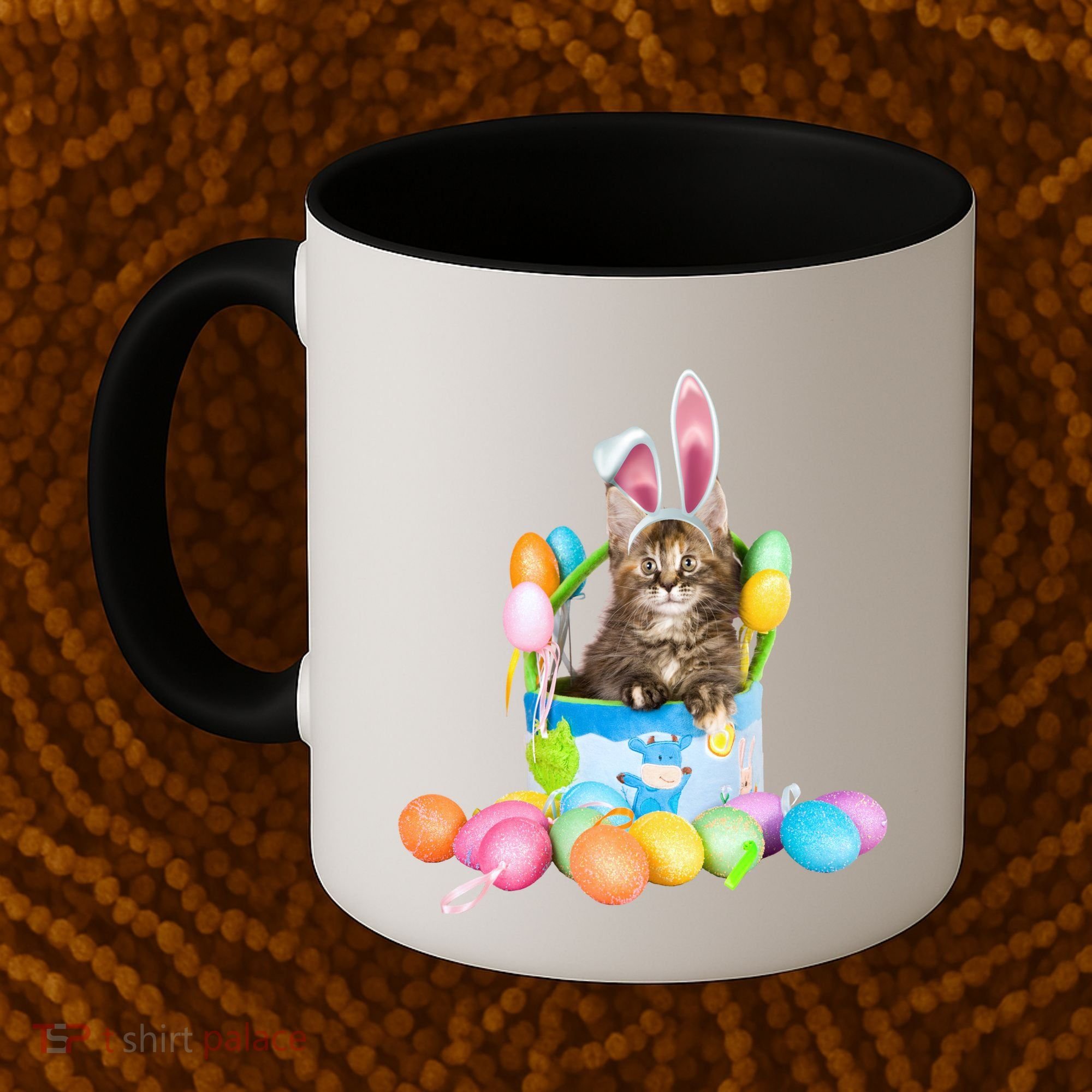 Happy Easter Cute Bunny Cat Eggs Basket Maine Coon Kitten Coffee Mug